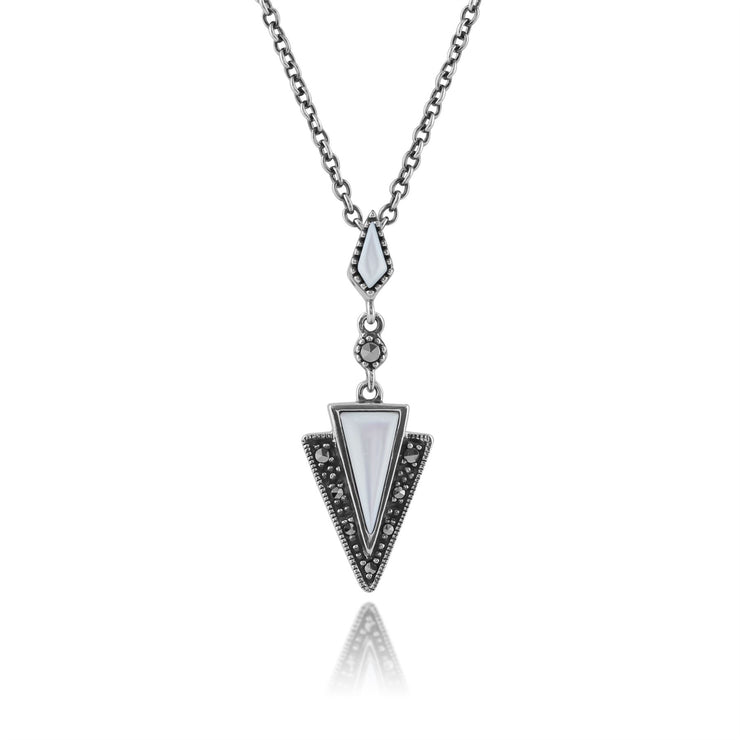 Collier et Boucles d'Oreilles Pendantes Traingle Style Art Déco Argent 925 Nacre et Marcassite