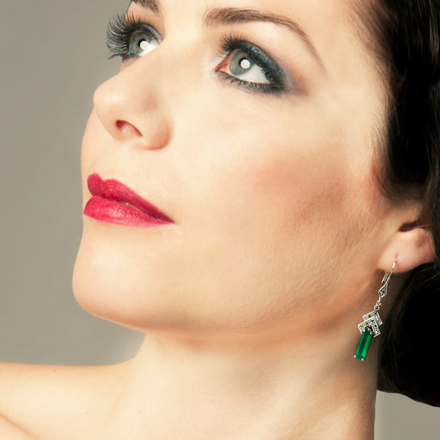 Boucles D'Oreilles Art Déco En Argent 925 Avec Calcédoine & Marcassite - Goutte