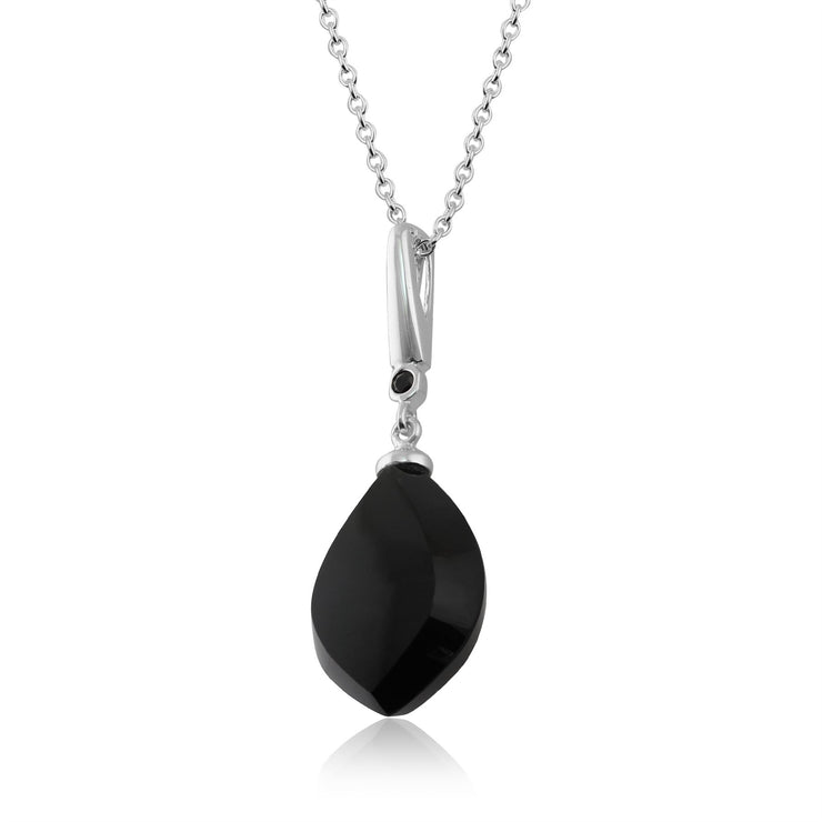 Collier Style Art Déco Argent 925 Onyx Cabochon Noir et Spinelle Noir