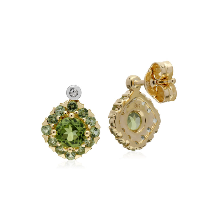 s 9 CT or Jaune Rond Peridot & Diamant Carré Grappe Boucles D'Oreilles Clous