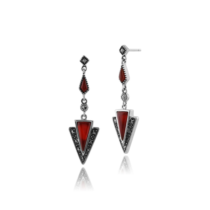 Collier et Boucles d'Oreilles Pendantes Triangle Style Art Déco Argent 925 Cornaline Rouge Cabochon et Marcassite