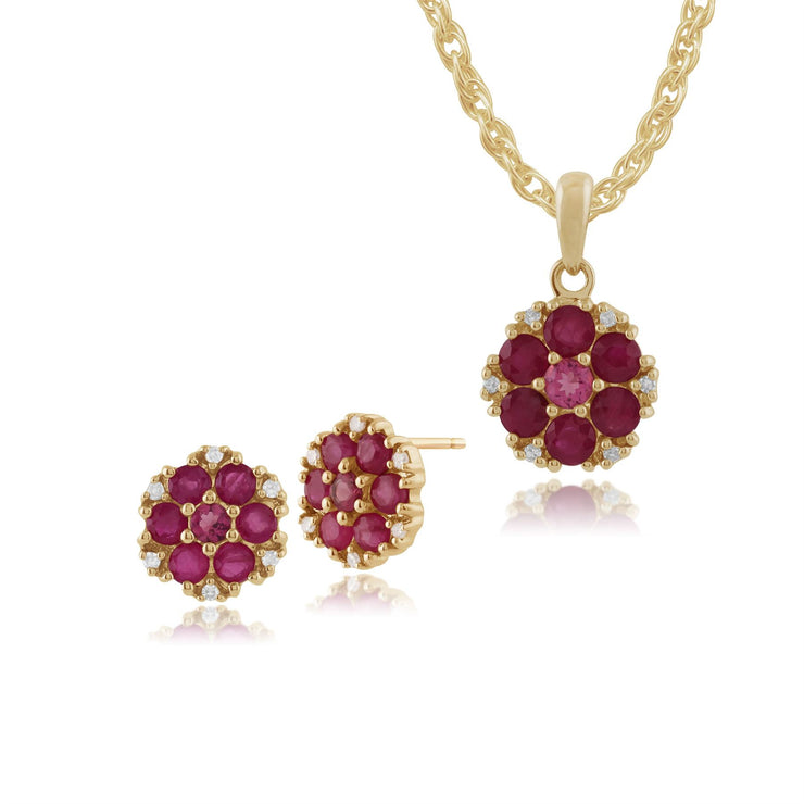 Pendentif et Boucles d'Oreilles Clou Classique Or Jaune 375 Rubis, Tourmaline et Diamant Cluster