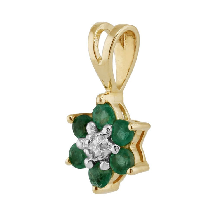 Pendentif et Boucles d'Oreilles Clou Floral Or Jaune 375 Emeraude Ronde et Diamant Cluster