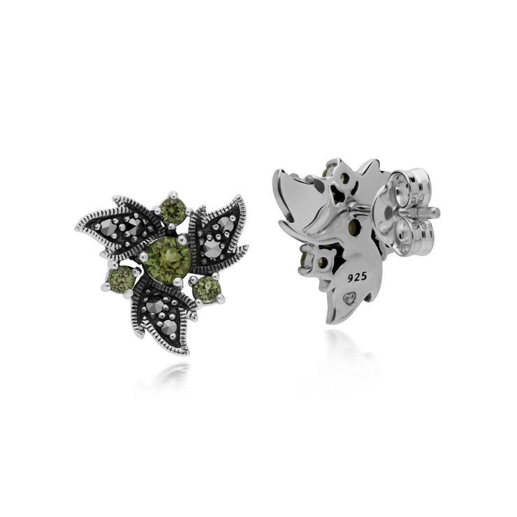 Peridot Boucles D'Oreilles, Argent Sterling Peridot & Marcassite Nouveau Floral Boucles D'Oreilles