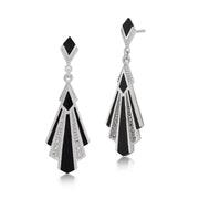 Boucles d'Oreilles Pendantes Style Art Déco Argent 925 Onyx cabochon Noire et Marcassite