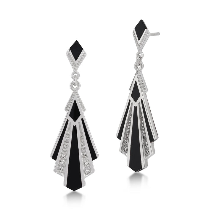 Boucles d'Oreilles Pendantes Style Art Déco Argent 925 Onyx cabochon Noire et Marcassite