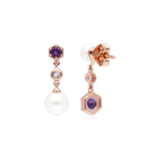 Boucles d'Oreilles Pendantes Asymétriques Perle Moderne Argent 925 Plaqué Or Perle, Améthyste et Topaze