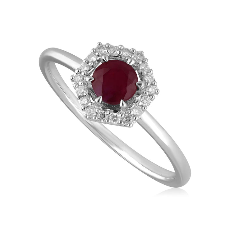 Bague Fiançailles Halo Or Blanc 375 Rubis 0,48ct et Diamant