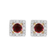 Boucles d'Oreilles Clou Tourmaline Rose Classique Or Jaune 375 et Ear-Jacket Carré Diamant