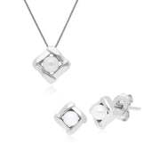 Boucles d'Oreilles Clou et Pendentif Carré Essentiel Argent 925 Perle