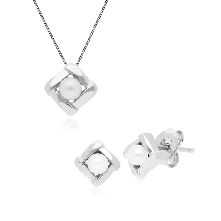Boucles d'Oreilles Clou et Pendentif Carré Essentiel Argent 925 Perle