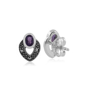 Boucles d'Oreilles Clou Style Srt Déco Argent 925 Améthyste Oval et Marcassite