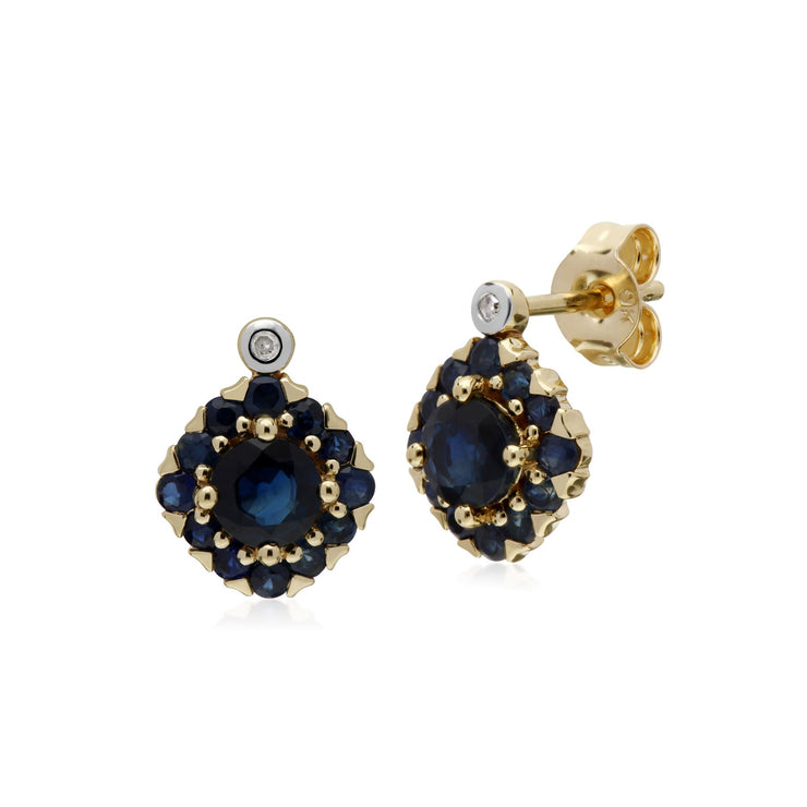 s 9 CT Saphir or Jaune & Diamant Carré Grappe Boucles D'Oreilles Clous