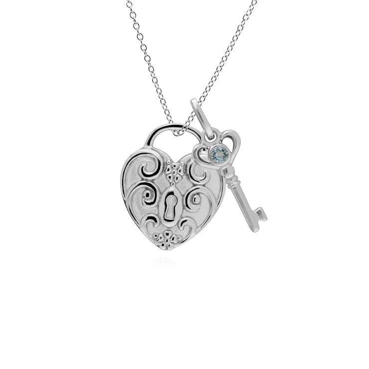 Pendentif Classique Cadenas Cœur Torsadé Argent 925 et Charms Clé Aigue-Marine