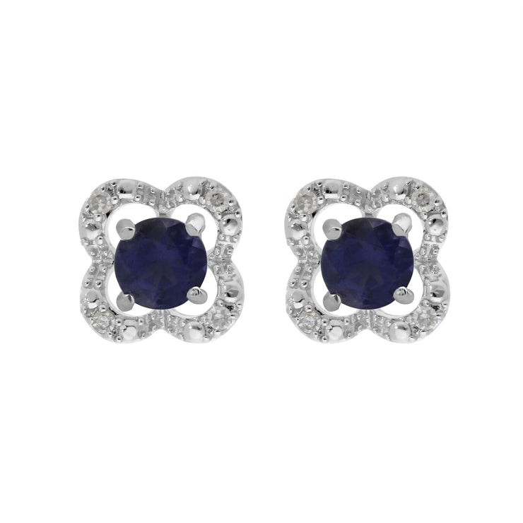 Boucles d'Oreilles Clou Iolite Classique Or Blanc 375 et Ear-Jacket Fleur Diamant