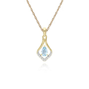Topaze Collier, 9 Ct or Jaune Rond Topaze Bleu et Diamant Classique Feuille Pendentif sur 45cm Chaîne
