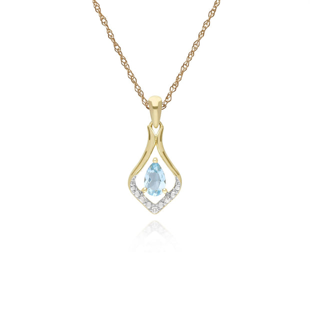 Topaze Collier, 9 Ct or Jaune Rond Topaze Bleu et Diamant Classique Feuille Pendentif sur 45cm Chaîne