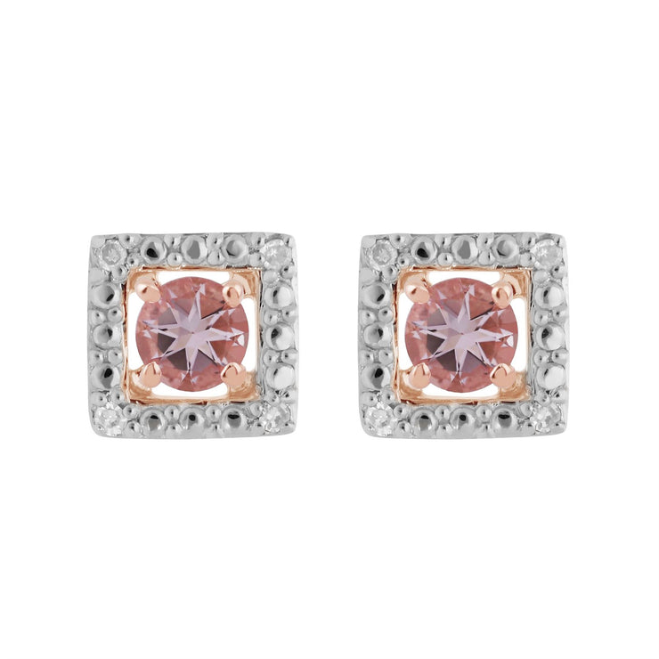 Boucles d'Oreilles Clou Morganite Classique Or Rose 375 et Ear-Jacket Carré Diamant