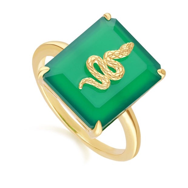 Bague Grand Deco Serpent en Calcédoine Verte en Argent Doré à l'Or Fin