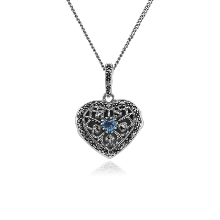 Collier Cœur Porte-Photo Style Art Nouveau Argent 925 Topaze Bleue et Marcassite