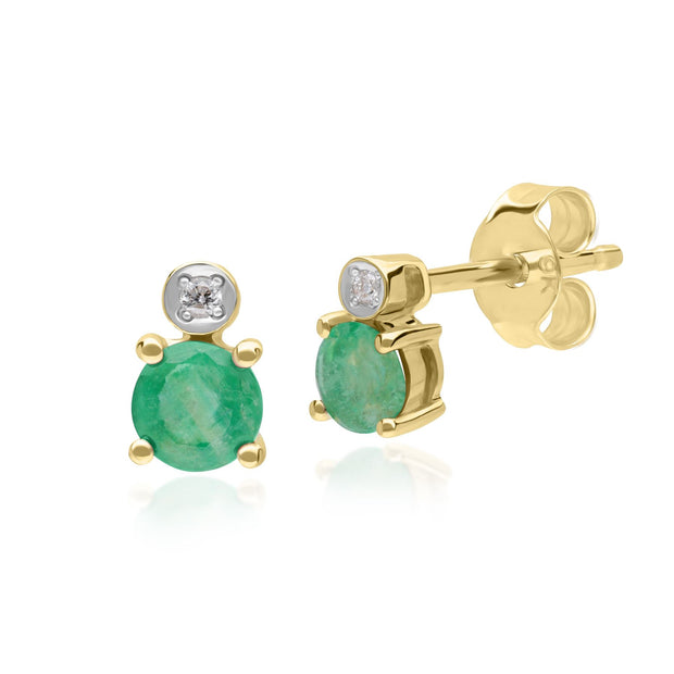 Boucles d'oreilles clou Micro Statement en or jaune 9 carats avec emeraude et diamants ronds