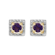 Boucles d'Oreilles Clou Améthyste Classique Or Jaune 375 et Ear-Jacket Carré Diamant