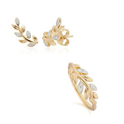 Bague et Boucles d'Oreilles Clou O Leaf Or Jaune 375 Diamant