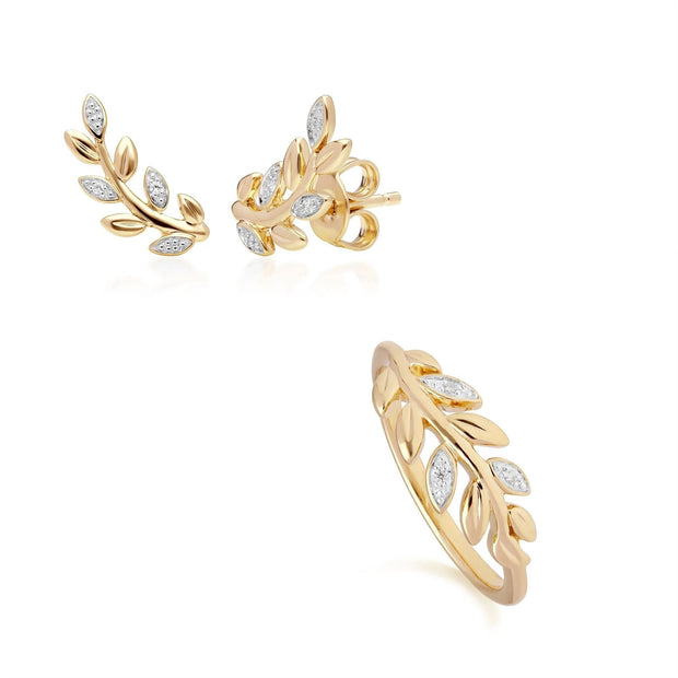 Bague et Boucles d'Oreilles Clou O Leaf Or Jaune 375 Diamant