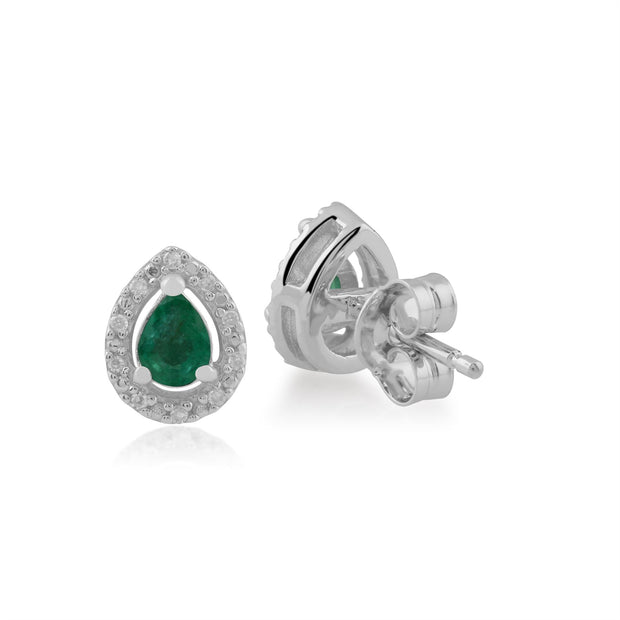 Boucles d'Oreilles Clou Classique Or Blanc 375 Emeraude Poire et Diamant Halo