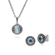 Pendentif et Boucles d'Oreilles Clou Style Art Déco Argent 925 Topaze Bleue et Marcassite Rond
