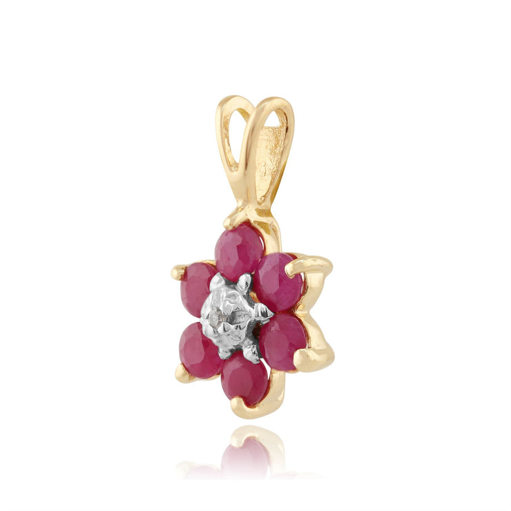 Pendentif et Boucles d'Oreilles Clou Floral Or Jaune 375 Rubis Rond et Diamant Cluster
