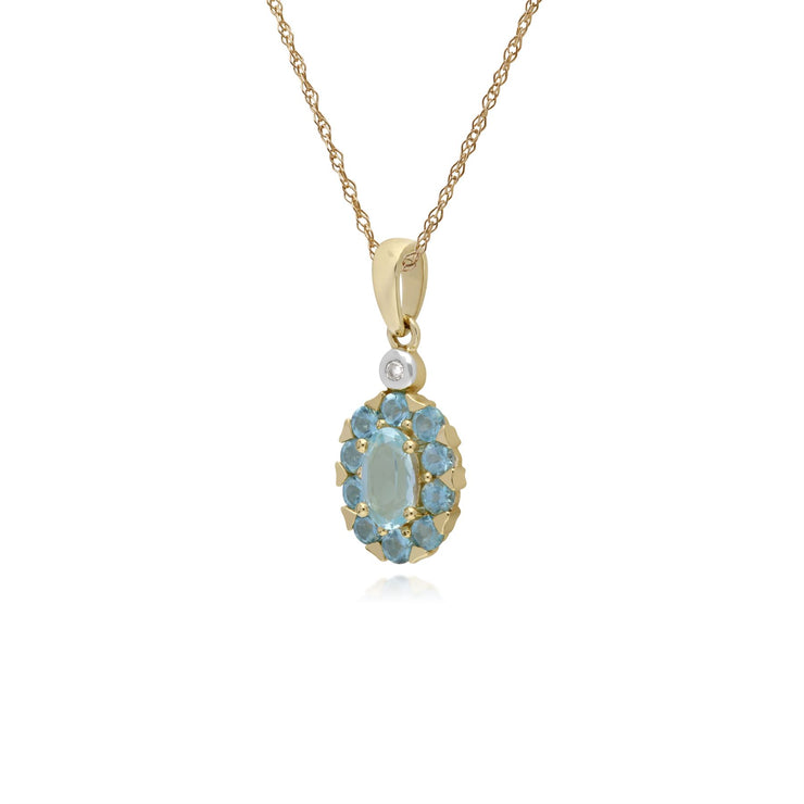 s 9 CT or Jaune Rond Topaze Bleu et Diamant Ovale Serti Pendentif sur 45cm Chaîne