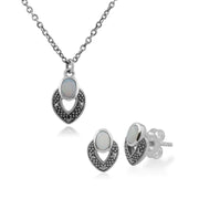 Boucles d'Oreilles Clou et Collier Style Art Déco Argent 925 Opale Ovale et Marcassite
