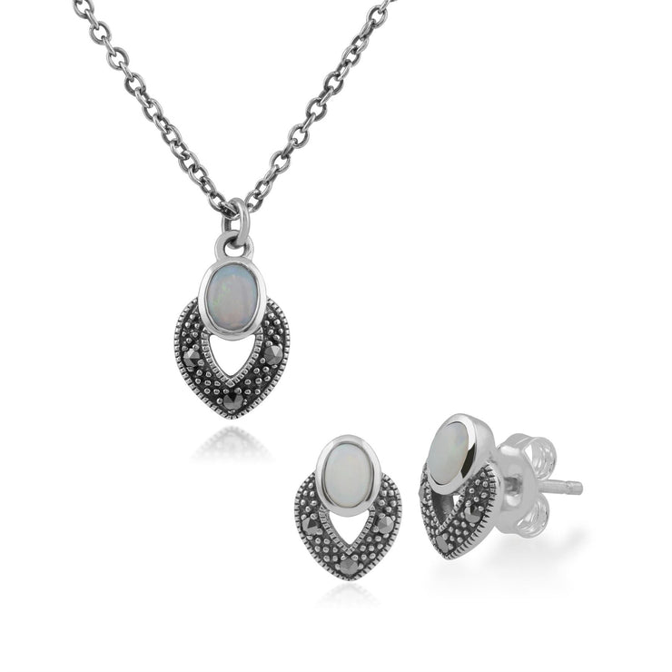 Boucles d'Oreilles Clou et Collier Style Art Déco Argent 925 Opale Ovale et Marcassite