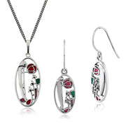 Pendentif et Boucles d'Oreilles Pendantes Style Rennie Mackintosh Argent 925 Email rose de Glasgow