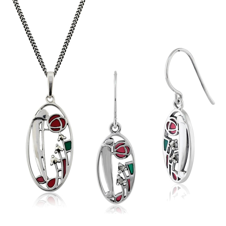 Pendentif et Boucles d'Oreilles Pendantes Style Rennie Mackintosh Argent 925 Email rose de Glasgow