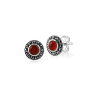 Boucles d'Oreilles Clou Style Art Déco Argent 925 Cornaline Ronde et Marcassite Halo