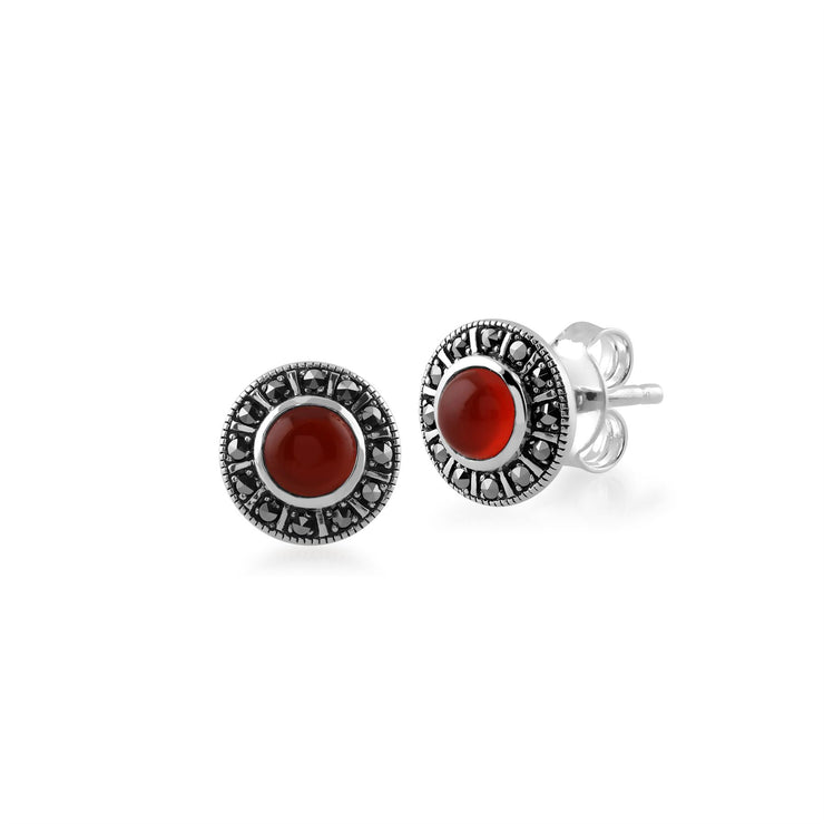 Boucles d'Oreilles Clou Style Art Déco Argent 925 Cornaline Ronde et Marcassite Halo
