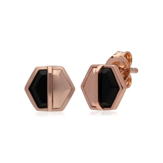 Boucles d'Oreilles Mini Clou Argent 925 Plaqué Or Rose Black Onyx Hexagone