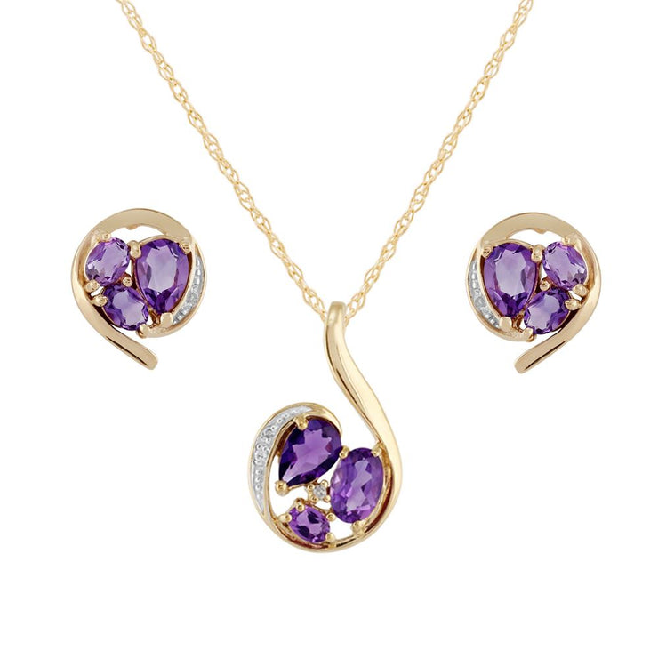 Pendentif et Boucles d'Oreilles Clou Classique Argent 925 Plaqué Or Améthyste Poire et Diamant Cluster