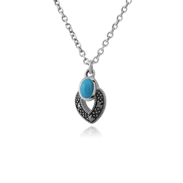 Collier Style Art Déco Argent 925 Turquoise Oval et Marcassite