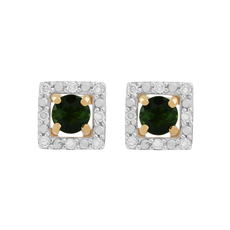 Boucles d'Oreilles Clou Tourmaline Verte Classique Or Jaune 375 et Ear-Jacket Carré Diamant