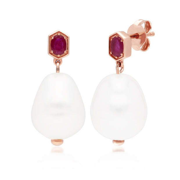 Boucles d'Oreilles Pendantes Perle Moderne Argent 925 Doré à l'Or Fin Rose Perle et Rubis