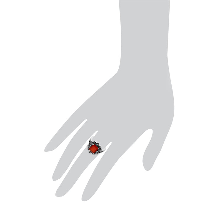 Gemondo Teinté Cornaline Bague, Argent Sterling Teinté Cornaline & Marcassite Octogone Art Déco Bague - cornaline