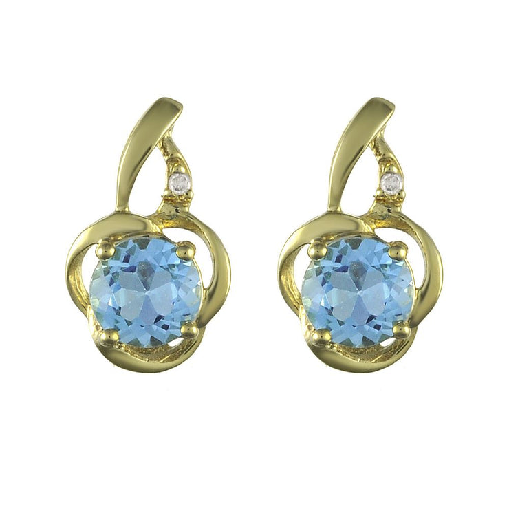 Pendentif et Boucles d'Oreilles Clou Floral Classique Or Jaune 375 Topaze Bleue et Diamant