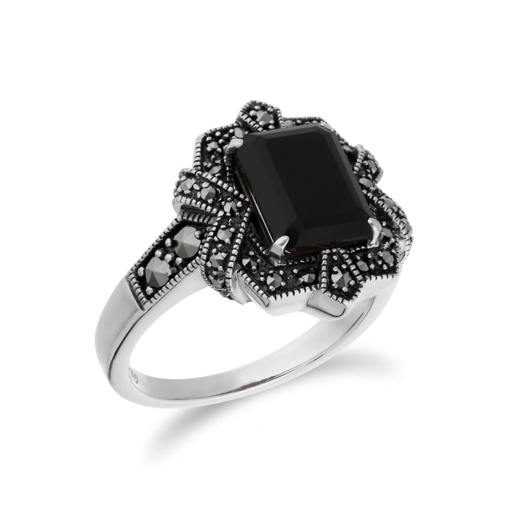 Bague Style Art Déco Argent 925 avec Onyx Noire Baguette et Marcassite