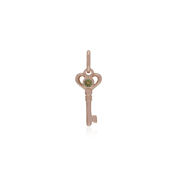 Pendentif Classique Cadenas Cœur Torsadé Argent 925 Plaqué Or Rose et Charms Clé Péridot
