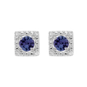 Boucles d'Oreilles Clou Tanzanite Classique Or Blanc 375 et Ear-Jacket Carré Diamant