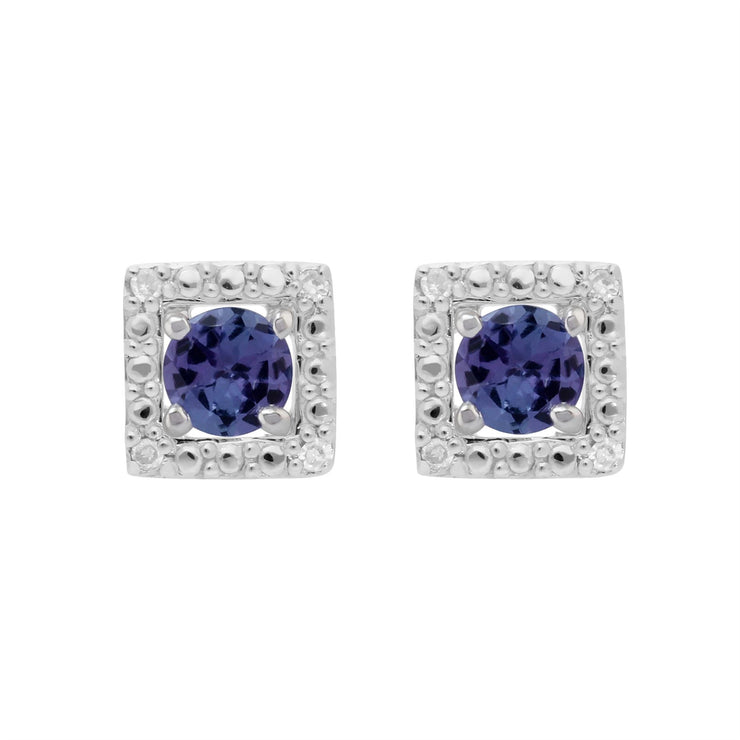 Boucles d'Oreilles Clou Tanzanite Classique Or Blanc 375 et Ear-Jacket Carré Diamant