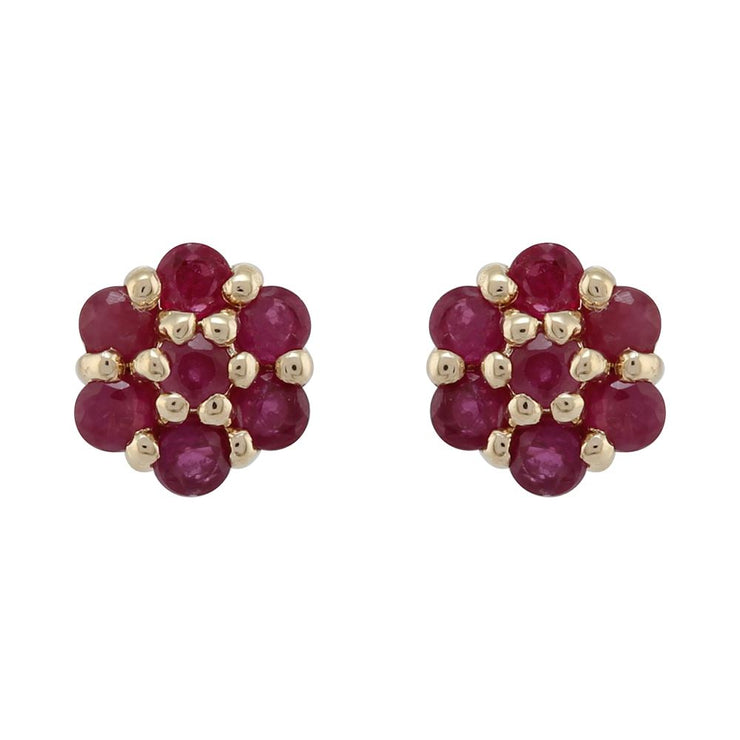 Boucles d'Oreilles Clou Style Floral Or Jaune 375 Rubis Pavé